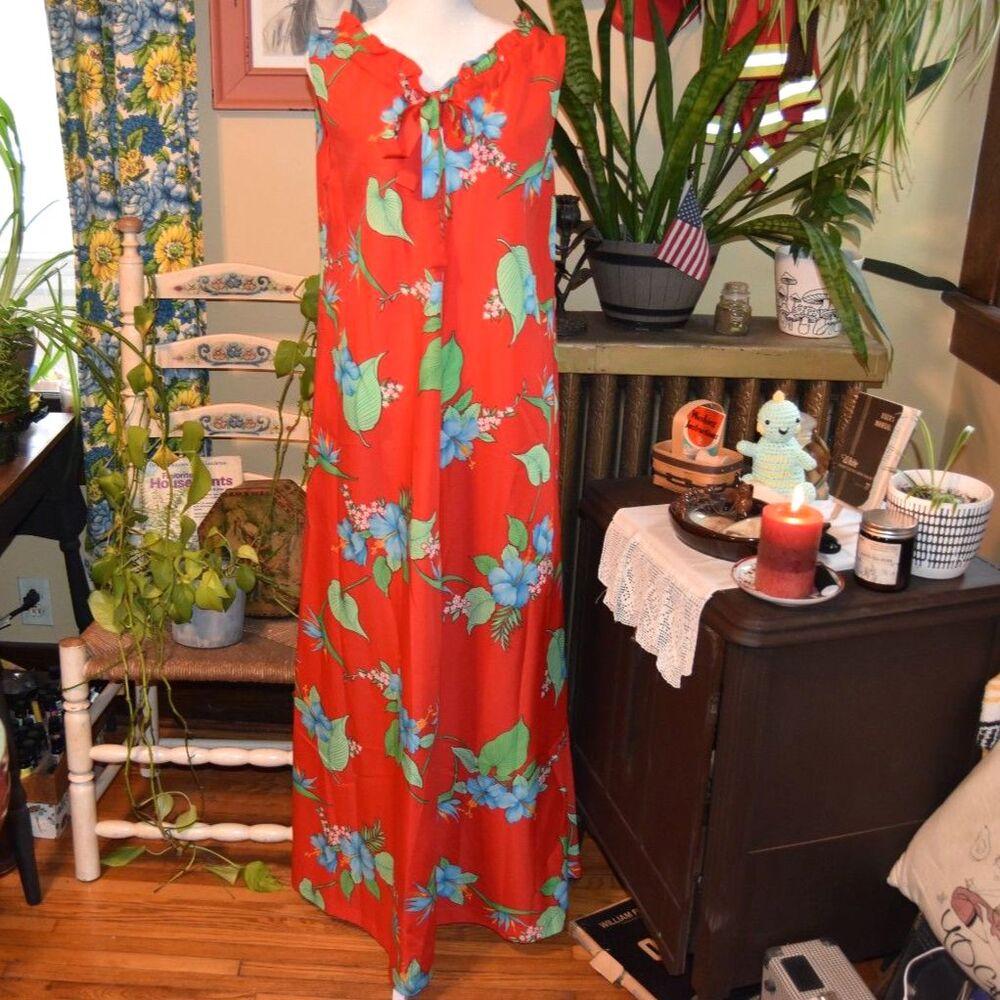 Vintage 60s Hawaiian Maxi Dress Red Hibiscus Floral Made in Hawaii RN37359 Large